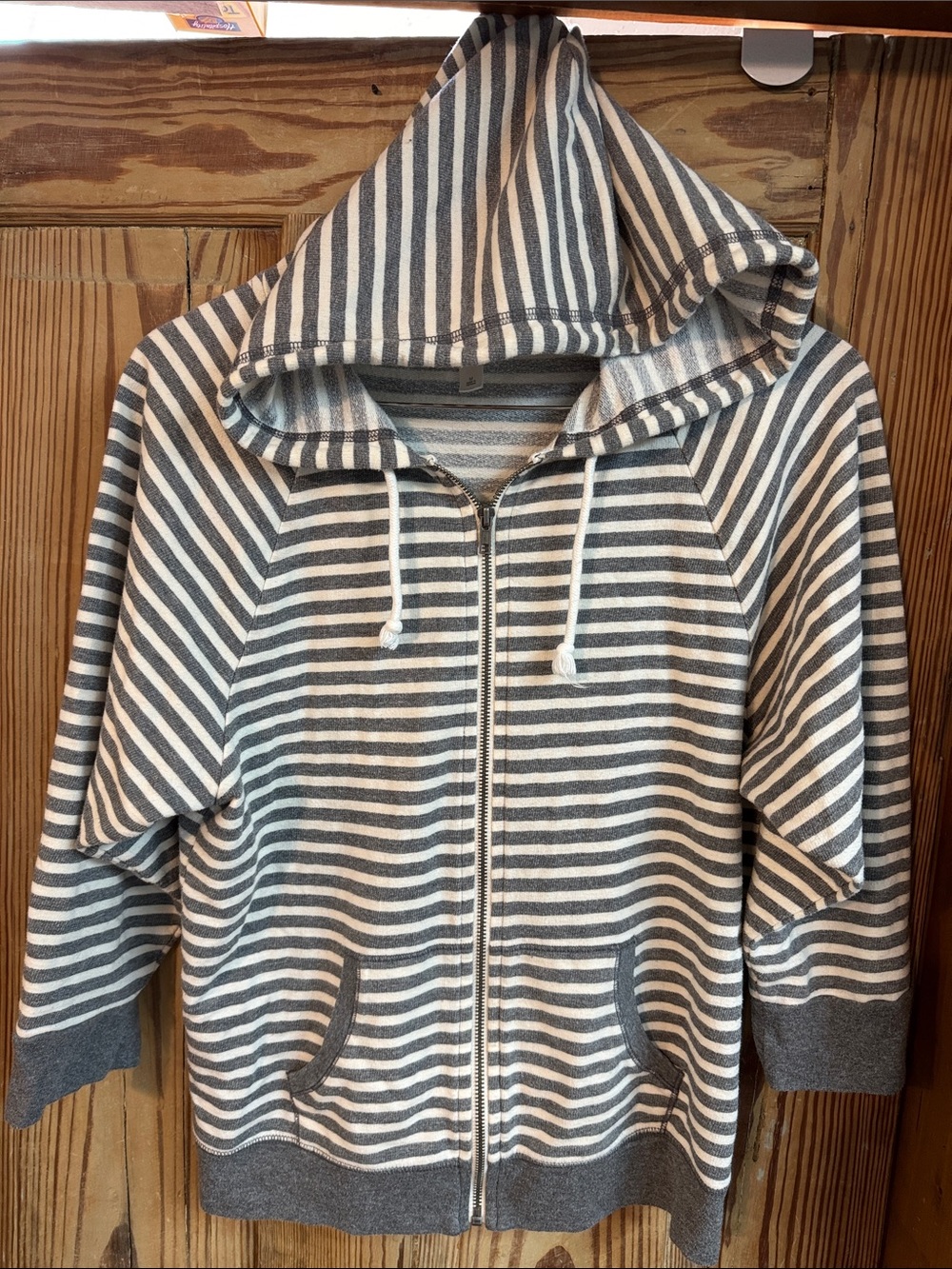 Gapbody Medium Striped Gray & White Zip-Up Hooded Jacket